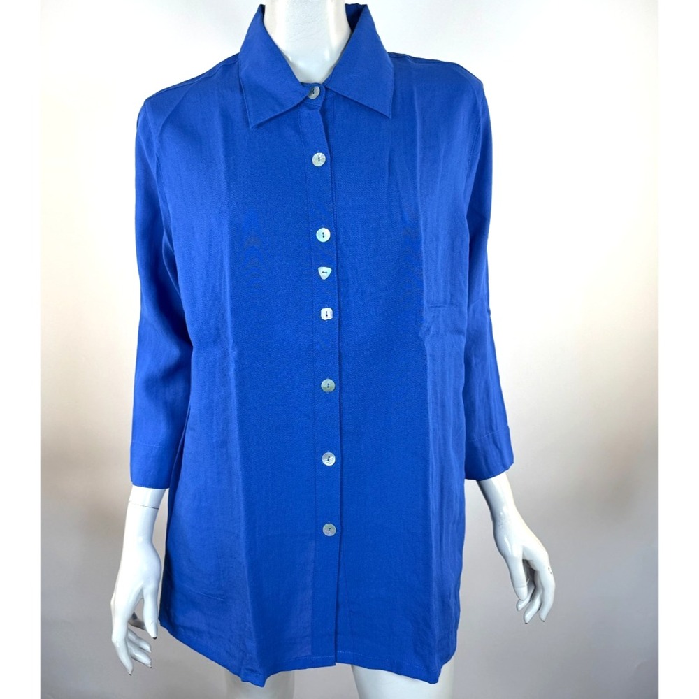 Fridaze Wrinkle-resistant Linen Tunic Women L EUC 3/4 Sleeve Button-up Pockets
